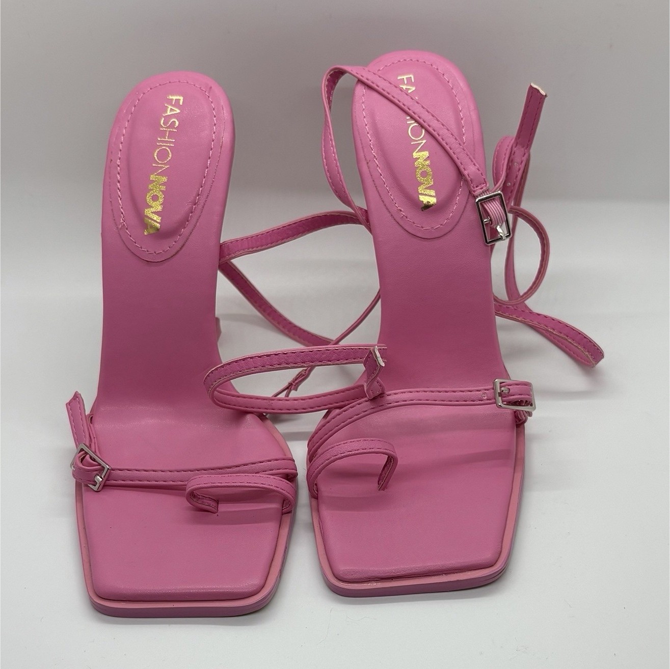 Fashion Nova Women's Pink Patent Strappy Square Toe Stiletto Heels US 6