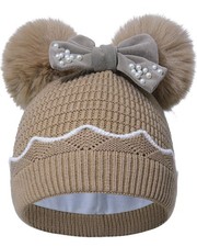 Girls Winter Beanie Cap Pearl Bow Double Pom Pom Fleece Lined Warm Hat Decor