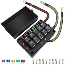 12V 10 Way Fuse Relay Box, 10 Relays and 10 ATC/ATO Blade Fuses, Universal Fuse