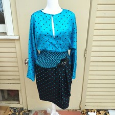 Vintage 80s AJ Bari Turquoise Blue Polka Dot Zebra Print Dress Party Cocktail