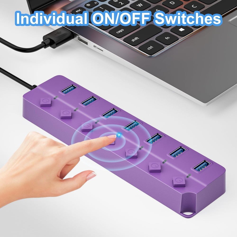 7-Port USB 3.0 Hub with Individual On/Off Switches in Purple