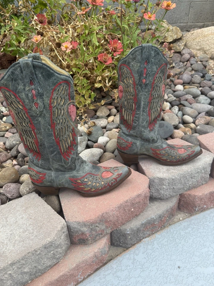 Botas de cowboy femininas de couro Corral corações e asas tamanho 11 registradas 03968 - Imagem 4 de 4