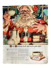 Vtg 1940 Coffee Perks You Up Print Ad Christmas Santa Getting a Caffeine Jolt