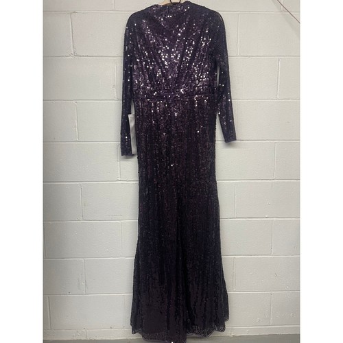 Robe drapée manches longues col haut pailleté violet améthyste Mac Duggal 14 NEUVE - Photo 5 sur 7
