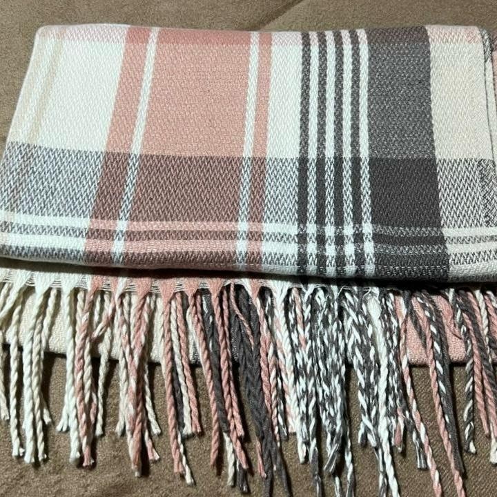 Scarf Plaid Oversized Warm Winter Shawl Wrap Cozy Fringe Blush Beige Gray thumbnail 5
