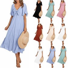 Women's Hot Elegant V Neck Bow Ruffled Midi Short Sleeve Fashionable Long Dress