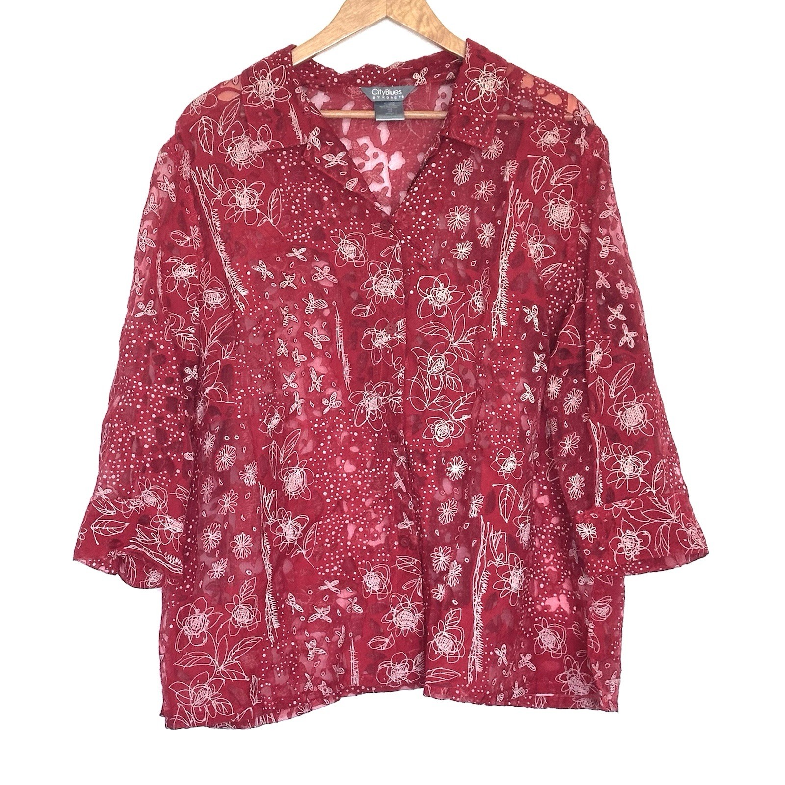 City Blues By Koret Plus Shirt Womens 18W Red Floral Sheer Button Up 3/4 Sleeve