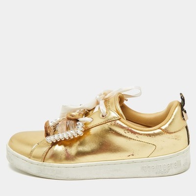 Roberto Cavalli Gold Leather Crystal Embellished Low Top Sneakers Size 39