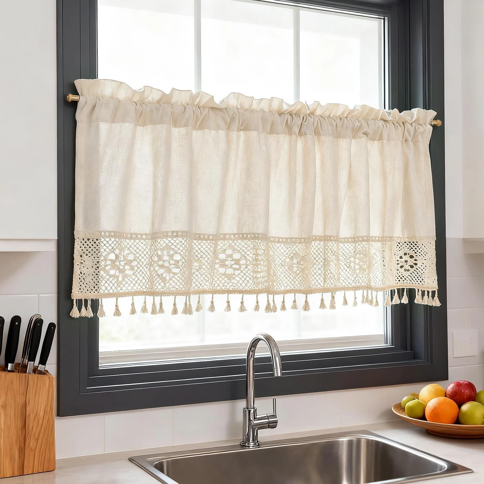 Boho Linen Cafe Curtain Valance with Tassel for Kitchen Bedroom Bathroom Farm...