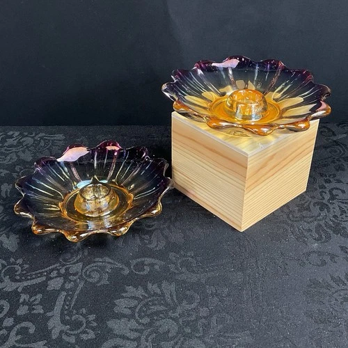 Vintage Iridescent Candle Holders (2)  Federal Glass Tapers Floral Rainbow