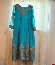 Handmade Women s Blue Chiffon Anarkali Salwar Kameez w/ Embroidered Dupatta S