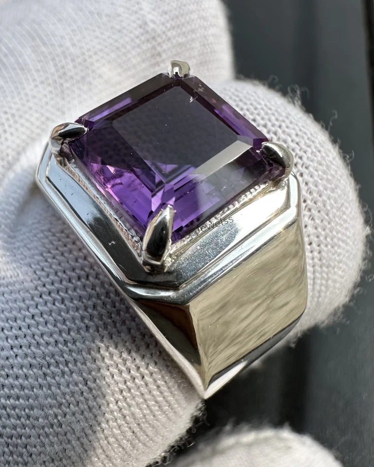 Anillo de amatista púrpura natural anillo de plata de ley 925 para anillo de compromiso para hombre Foto 3 de 4
