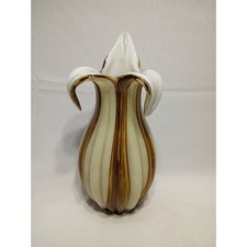 Murano-Style Art Glass Vase Cream Amber Swirl Ribbed Petal Form 14" Sculptural