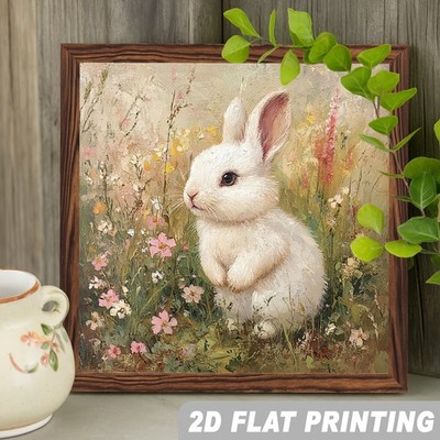 Vintage Easter Bunny Meadow Design Wooden Plaque Spring Season Desk Decor Gift
