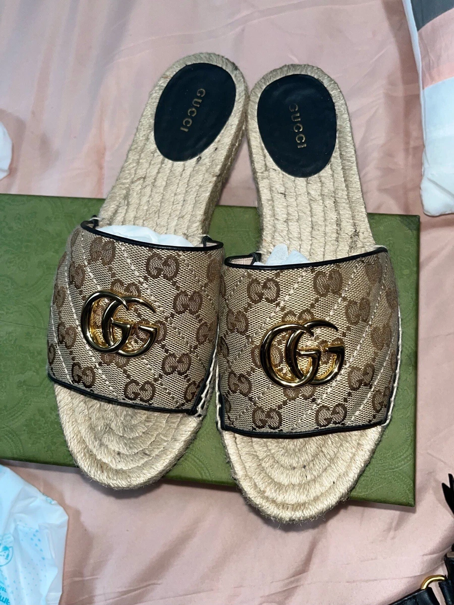 Pre Owned 499 GUCCI Women s GG Matelass Canvas Espadrille