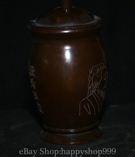 7.2" Old Chinese Purple Bronze Li Shizhen People Face Pattern Mashing Jar Pot - Picture 9 of 12