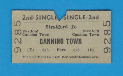 British Railways Ticket - BR(E) 2nd Single - Stratford to Canning Town 6d - 1962