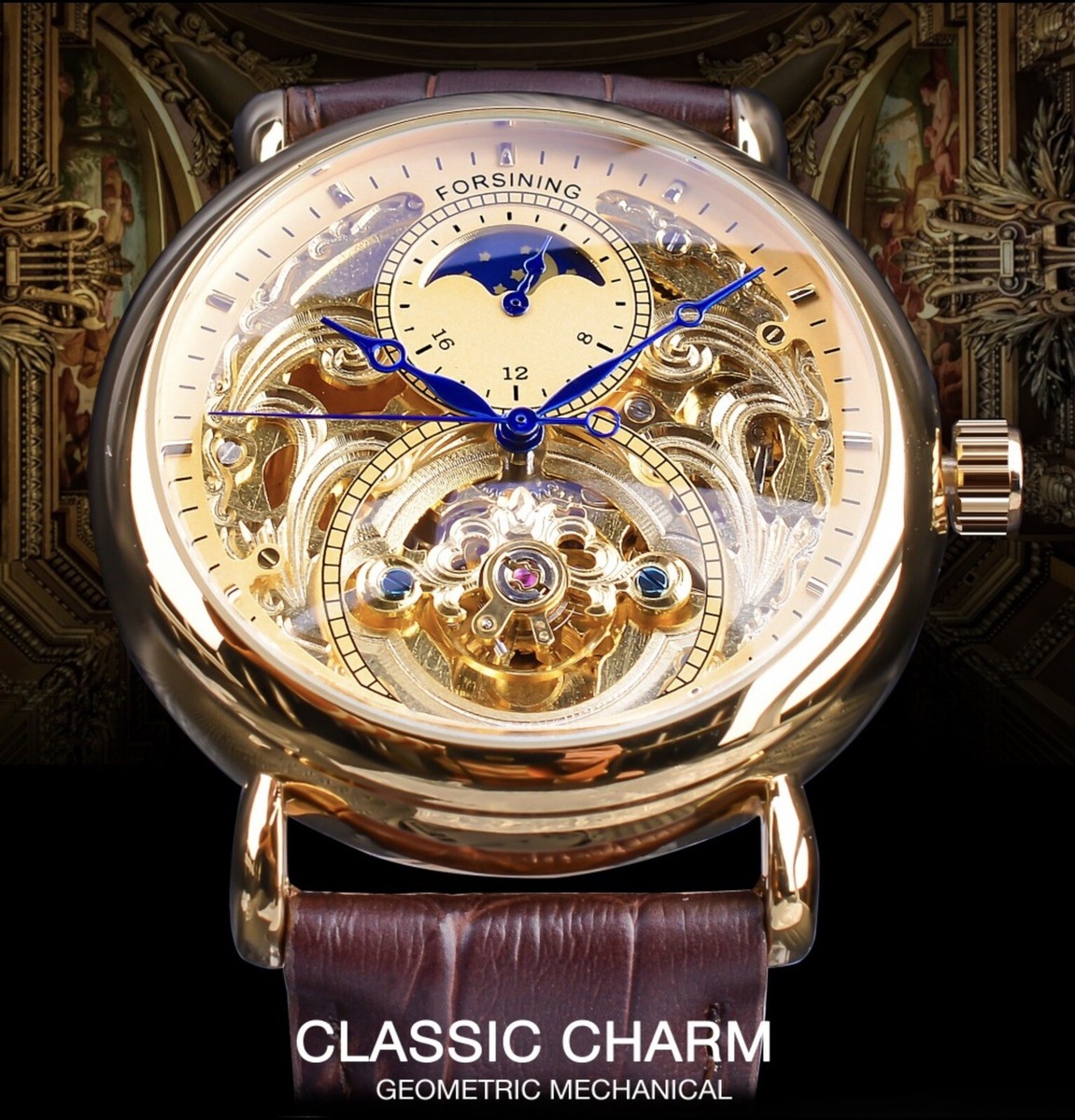 フォクスハンティングのプリント ⌚￼ Forsining Men's Automatic Self Winding Moon Dial Self Winding