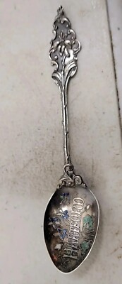 HARTFORD CONNECTICUT Enamel Flowers Sterling Silver Souvenir Spoon ART NOUVEAU 