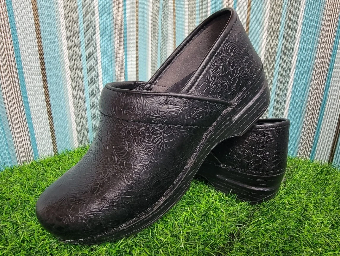 Dansko Clogs Womens 37 EU 6.5 7 US Black Embossed Floral Leather Professional