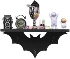 Bat Shelf Floating Shelf for Wall Decor, Black Hanging Shelf with 3 Key Hooks