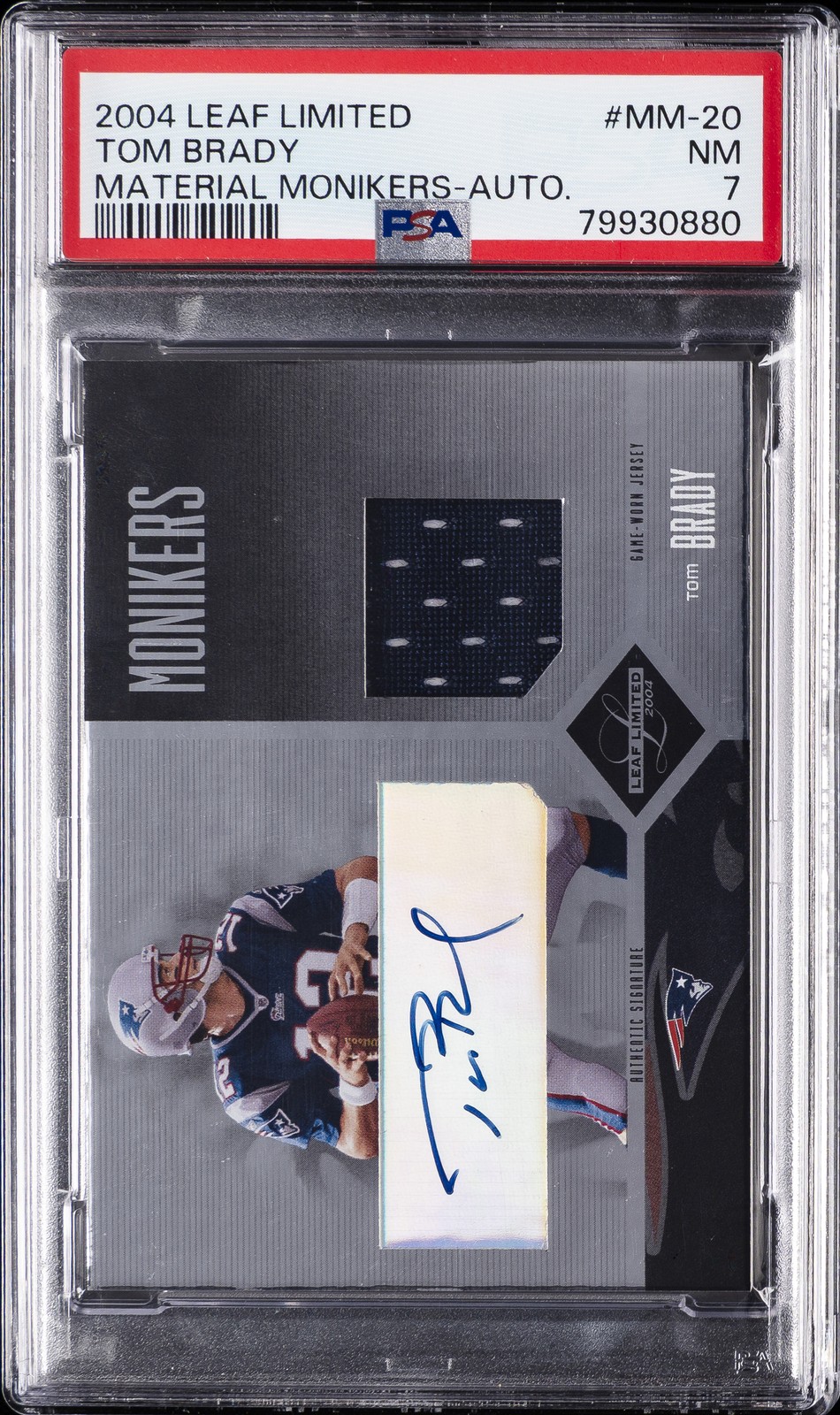 2004 LEAF LIMITED MATERIAL MONIKERS AUTO #MM-20 TOM BRADY 8/25 PSA 7
