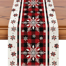 Snowflakes Christmas Table Runner, Buffalo Plaid Xmas Winter Holiday Kitchen Din