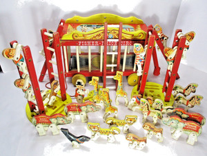 Vintage 1960s Fisher Price 900 Circus Wagon Wooden Animals 60s Lots of Pieces