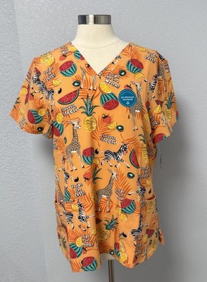 NWT Cherokee L Scrub Top L Orange Squeeze The Day Zebra Giraffe Scrubs Nurse