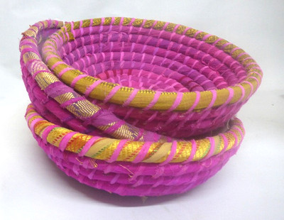 Runde Schale Rosa Korb Gemeinsame Erde Recycelt Sari Stoff Aufbewahrung Handwerk Ordnung x3