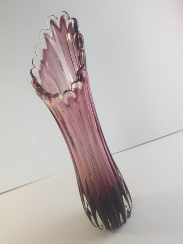 Vintage Murano Art Glass Deep Purple Wine Colour Swung Finger Vase Clear Frill - Picture 14 of 14