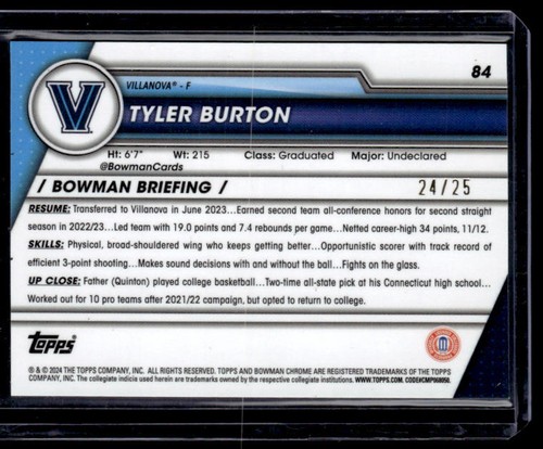 Tyler Burton 2023-24 Bowman University Chrome Orange /25 #84 Villanova Wildcats - Picture 2 of 2
