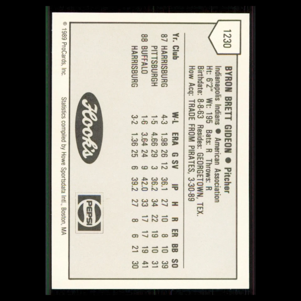 Brett Gideon #1230 1989 ProCards Minor League Team Sets Indianapolis Indians MLB - Image 2 of 3