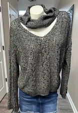 Urban Outfitters Luxe Grey Cable Knit Cowl Cutout Turtleneck Sweater Small Crop