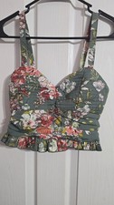 B.O.G. Collective Smocked Floral Crop Top Sage Green Red Boho Corset XS NWT