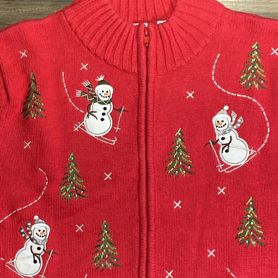 Embroidered Holiday Skiing Snowman Cardigan Sweater Christmas Red Sz XL Festive - Image 2 of 4