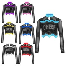 Girls Shirt Gymnastics Cheer Leader Workout Top Party Mesh Patchwork Holiday