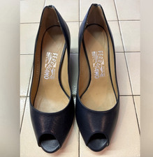 Salvatore Ferragamo Women s Blue Leather Peep Toe Wedge Pumps Slip-On 6