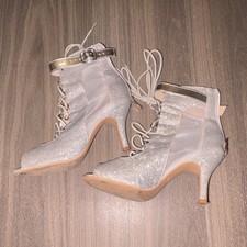 Sunny Heels Glitter No.1 Silver Lace-Up Peep Toe Ballroom Dance Shoes size 7