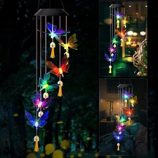 Solar Wind Chimes Crystal Butterfly w/6 Sustenance Wishes Bells Yard Garden Deco