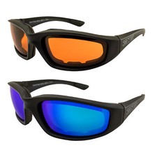 2 Epoch Foam Padded Motorcycle Sunglasses Black Frames Amber Blue Mirror Lens