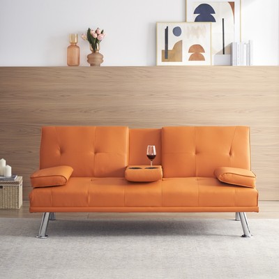 67'' Orange Leather Multifunctional Sofa Bed with Coffee Table for Office