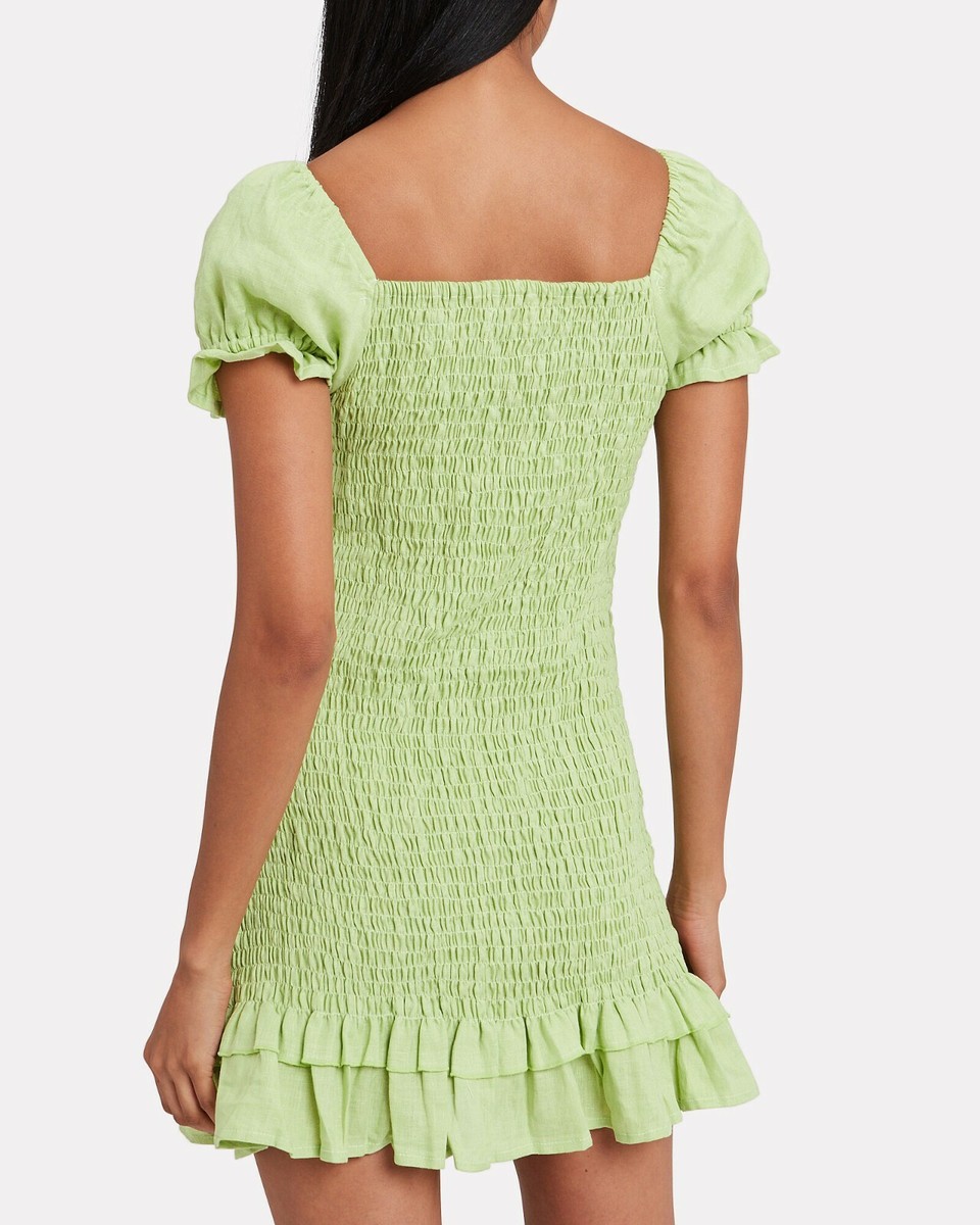 FAITHFULL THE BRAND Lime Green Smocked Stretch Linen Mini Dress L = 8 US  AUS 12 | eBay