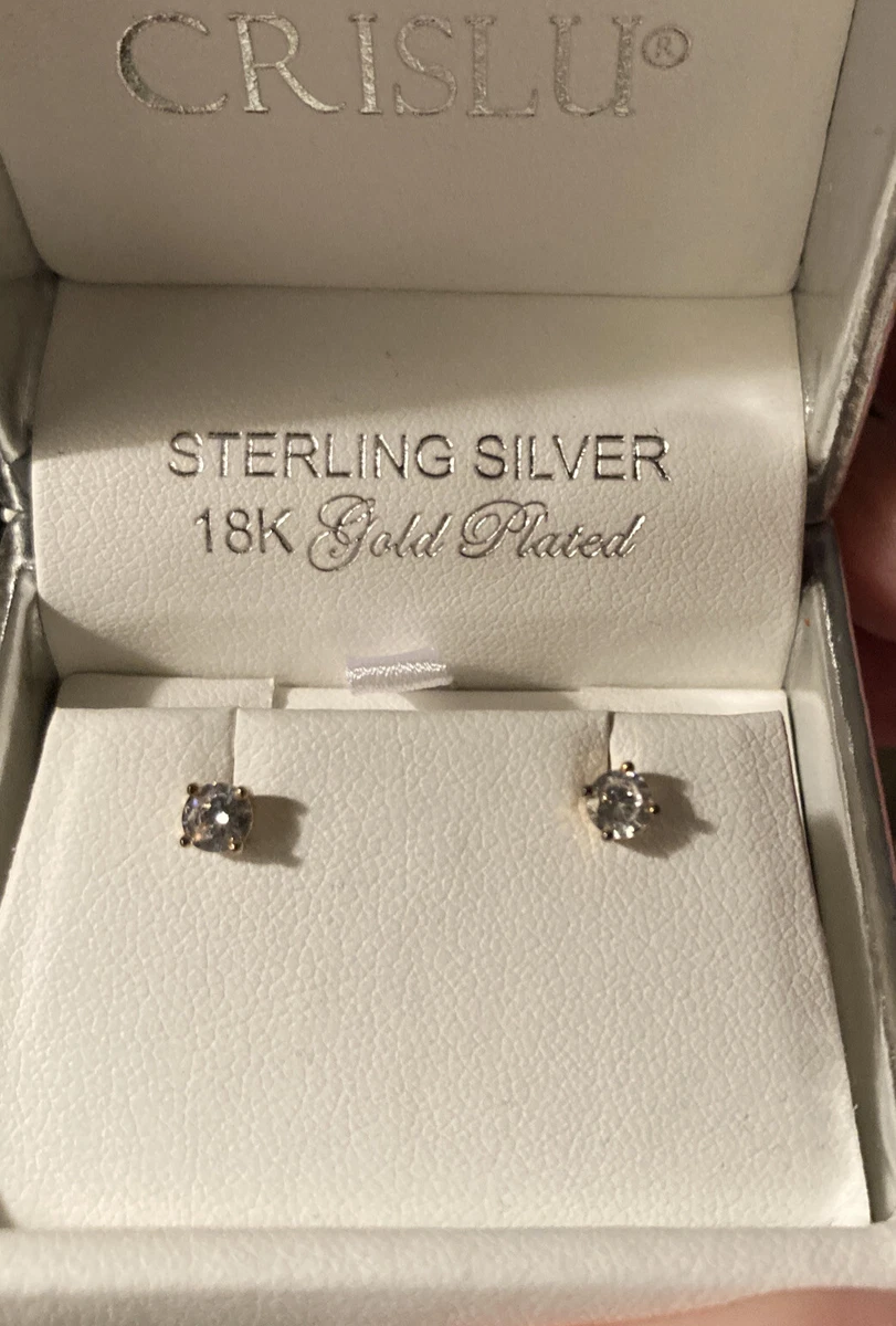 CRISLU DAINTY SOLITAIRE CZ 18K GOLD PLATED SS EARRINGS New In Box