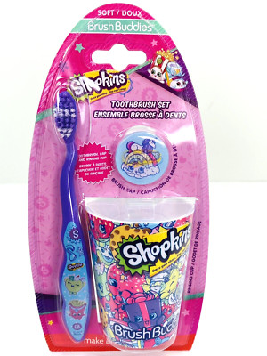 NIP Brush Buddies Shopkins Soft Toothbrush Rinsing Cup Rainbow Cap 3 Piece Set