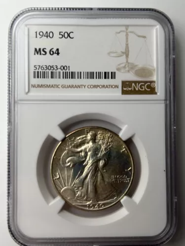1940 P Walking Liberty Half Dollar NGC MS64 Hues of Blue Toned