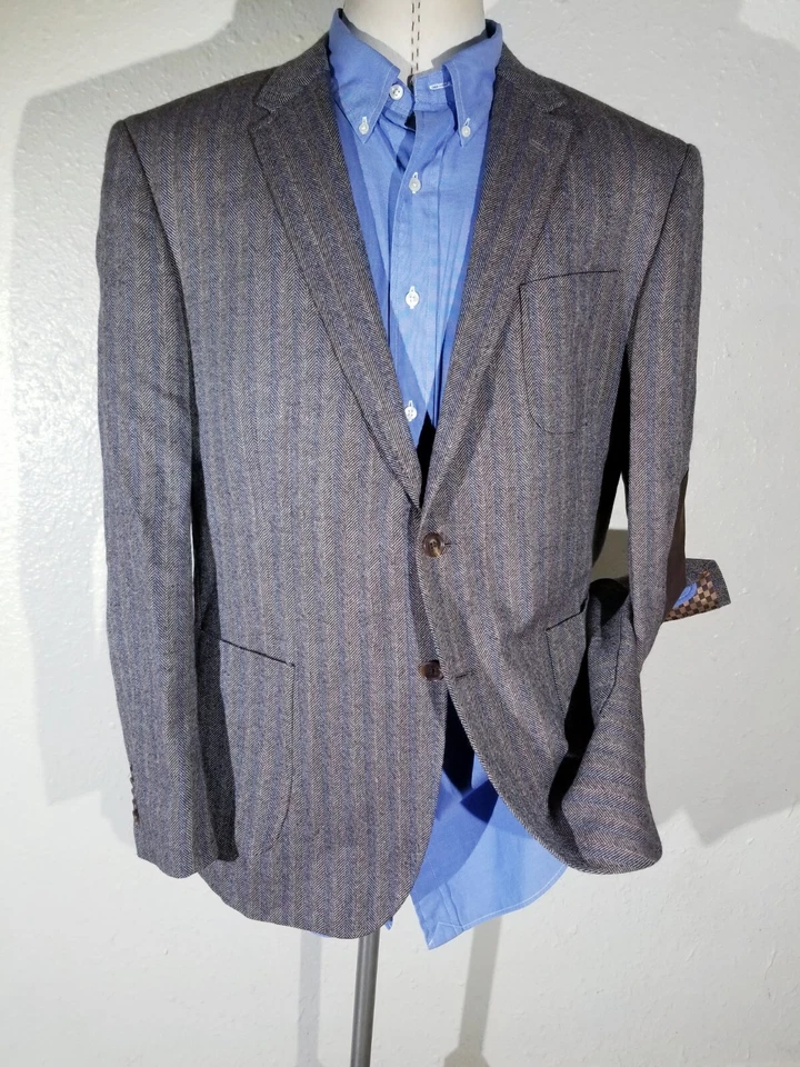 Chaqueta Blazer Abrigo Deportivo 48L Espiga Marrón Azul Lana Tweed Codo Parche  Foto 3 de 4