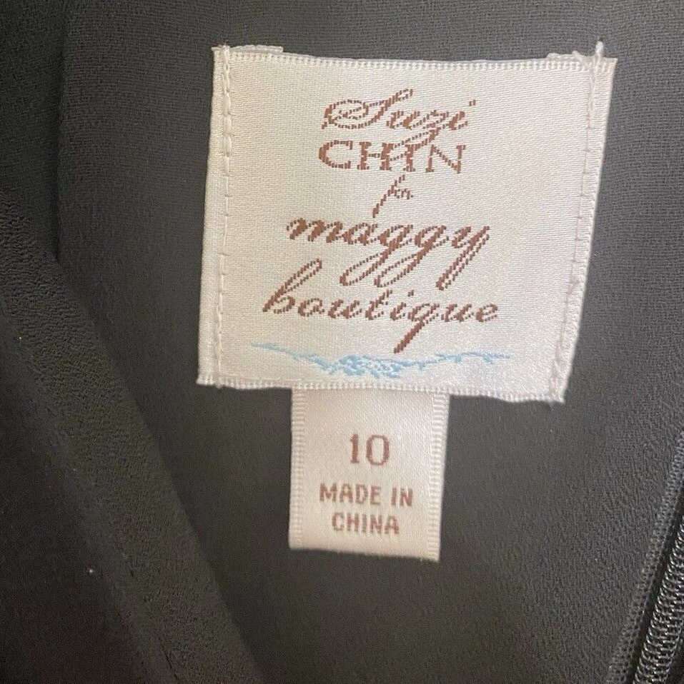 Vestido Midi Suzi Chin Maggy Boutique Seda Gasa 10 Negro Acanalado Cóctel Fiesta Foto 3 de 4