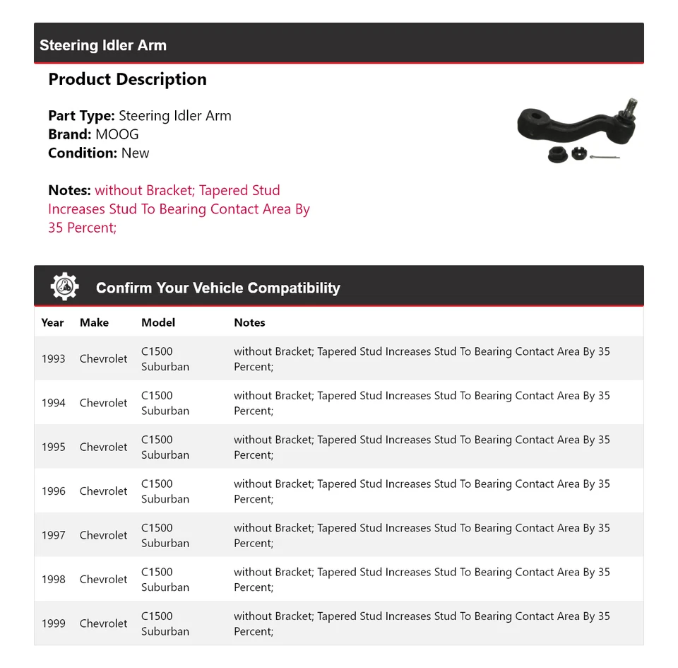 Brazo de rueda loca de dirección para Chevrolet C1500 Suburban 1993-1999 MOOG 1993 1994 1995 Foto 2 de 4