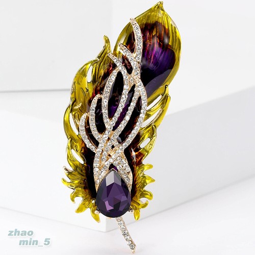 Crystal Peacock Feather Brooch Pin Enamel Rhinestone Brooches Wedding Party Gift - Picture 8 of 9